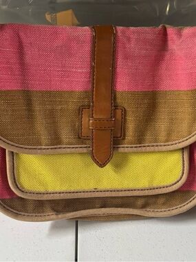 Vintage Fossil Colorblock Canvas Crossbody in Pink, Brown & Yellow with Tan Trim